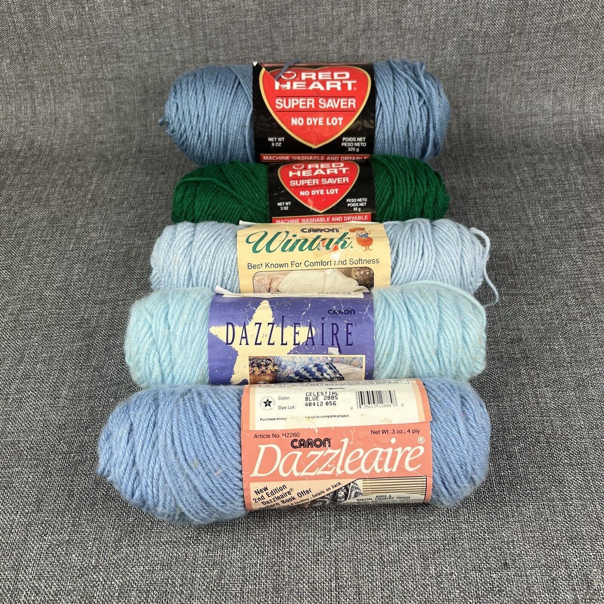 Lot Of (5) Skeins Vintage Yarn, Read Heart, Dazzleaire, Wintuk 20.5 oz, Blue, Gr