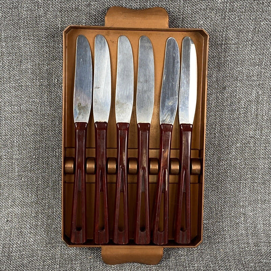 MCM lot of 6 Stanhome Stainless Butter Knives Bakelite Cut Out Handle with Tray