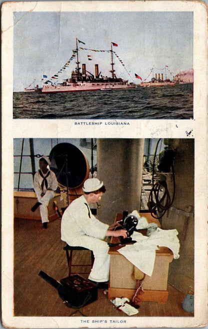 Antique 1909 Postcard USS Louisiana (BB-19) / The Ship's Tailor