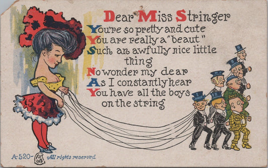 Dear Miss Stringer" Poem, Cartoon,  Antique Postcard, undivided back