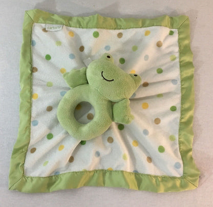 Carters Frog Green/White Lovey Satin Back Security Blanket Polka Dot Rattle