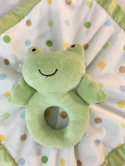 Carters Frog Green/White Lovey Satin Back Security Blanket Polka Dot Rattle