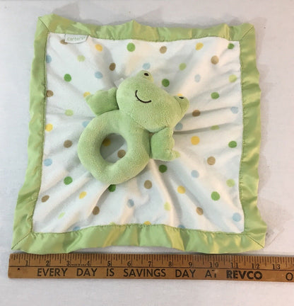 Carters Frog Green/White Lovey Satin Back Security Blanket Polka Dot Rattle