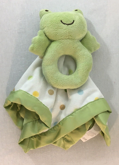 Carters Frog Green/White Lovey Satin Back Security Blanket Polka Dot Rattle