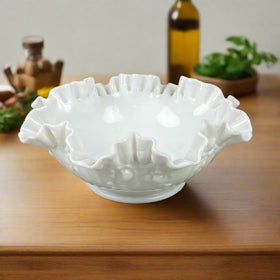 Milk Glass Ruffled Footed Serving Bowl