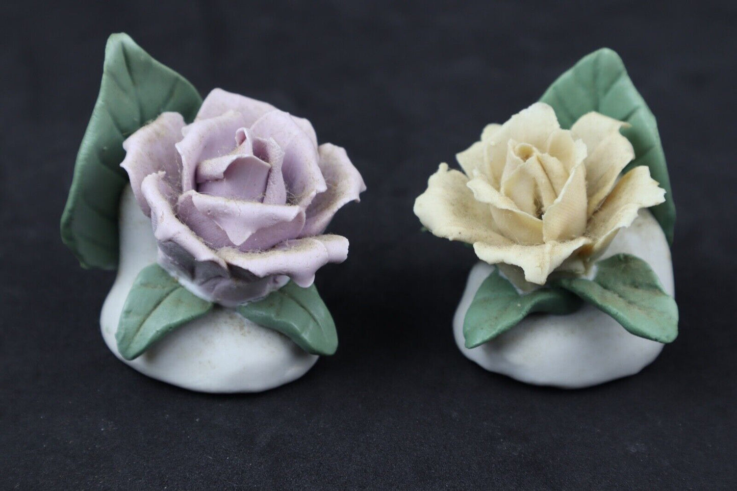 Lot of 2 - Vintage Style Handmade Dusky Yellow / Mauve (Pink) Roses Flower Clay