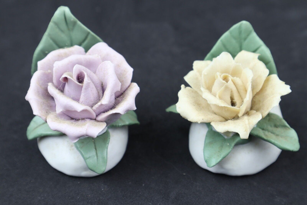 Lot of 2 - Vintage Style Handmade Dusky Yellow / Mauve (Pink) Roses Flower Clay
