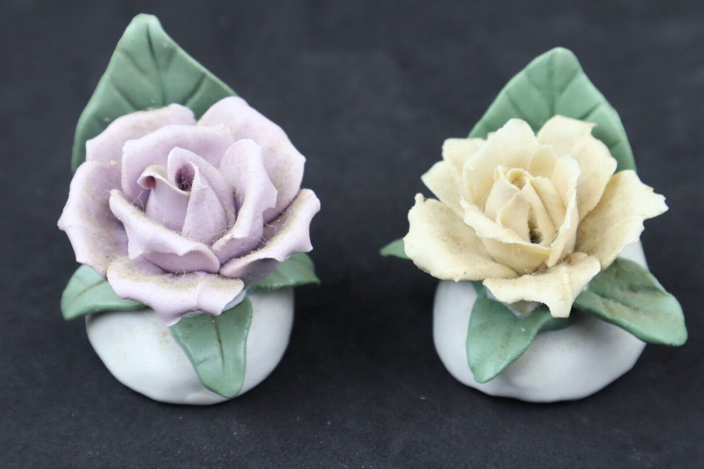 Lot of 2 - Vintage Style Handmade Dusky Yellow / Mauve (Pink) Roses Flower Clay