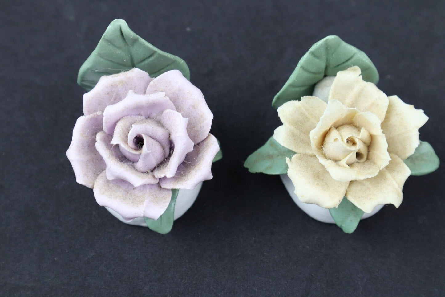 Lot of 2 - Vintage Style Handmade Dusky Yellow / Mauve (Pink) Roses Flower Clay