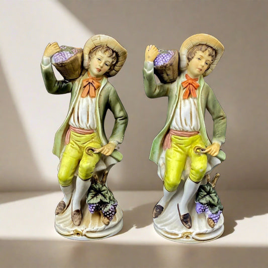 2 Vtg HOMCO Porcelain Art Pottery Man Harvesting Grapes Figurines 8.5" Tall