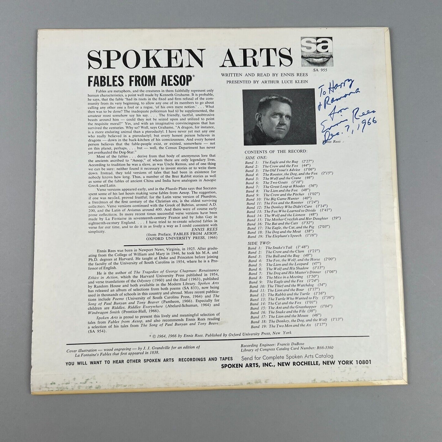 Signed Fables From Aesop - Ennis Rees Vinyl Record