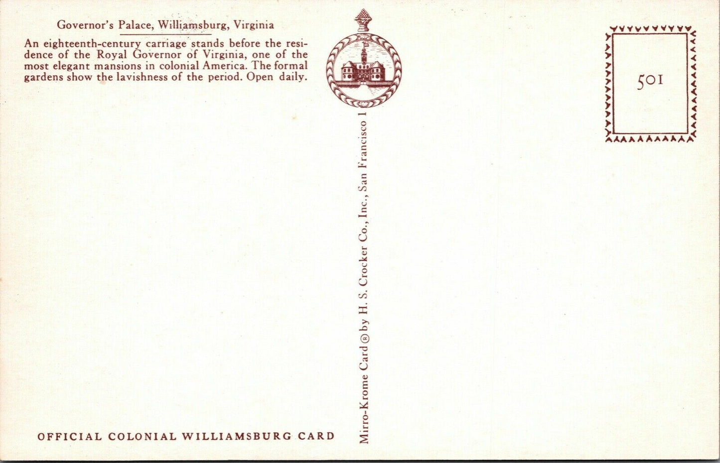 Vintage Postcard Governor's Palace Virginia (Official Colonial Williamsburg)