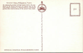 Vintage Postcard Governor's Palace Virginia (Official Colonial Williamsburg)