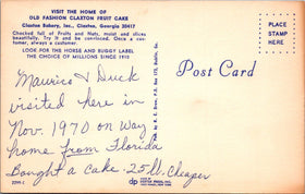 Vintage Postcard from The Home of Old Fashion Claxton Fruit Cake, Georgia