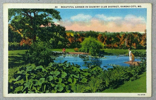 Antique Postcard Beautiful Garden in Country Club District, Kansas City, MO.