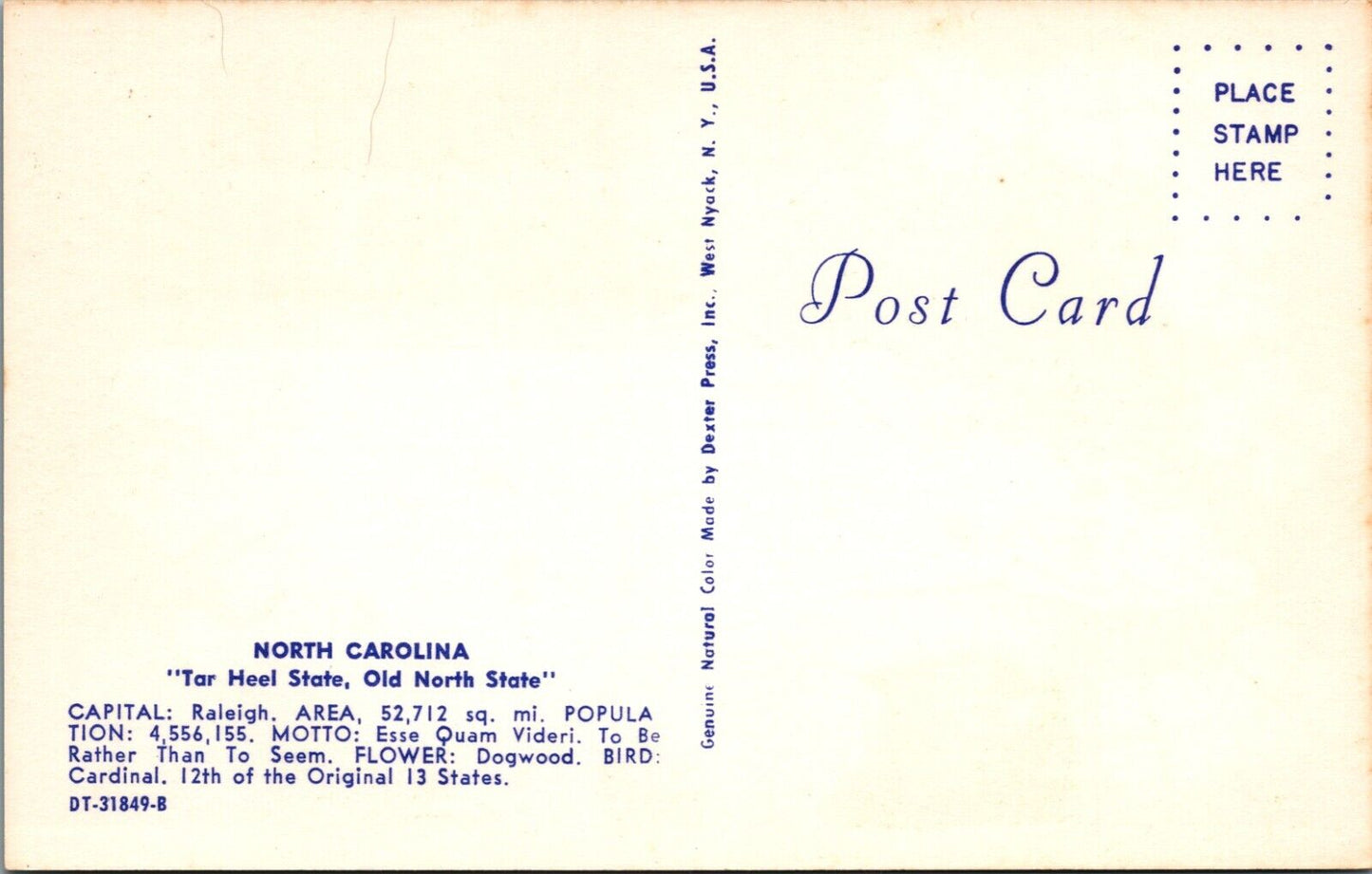 Vintage Postcard from North Carolina, Tar Heel State, Old North State