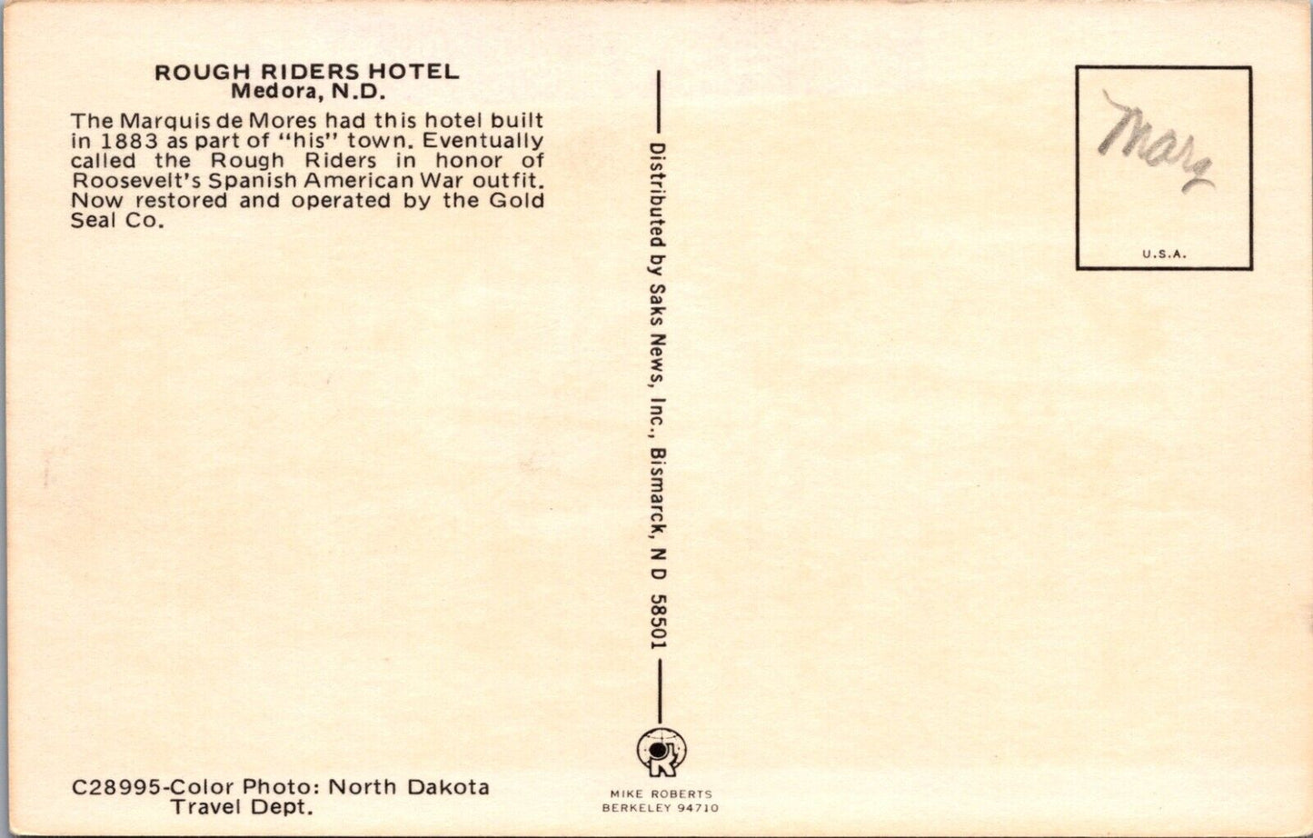 Vintage Postcard of Rough Riders Hotel Medora North Dakota