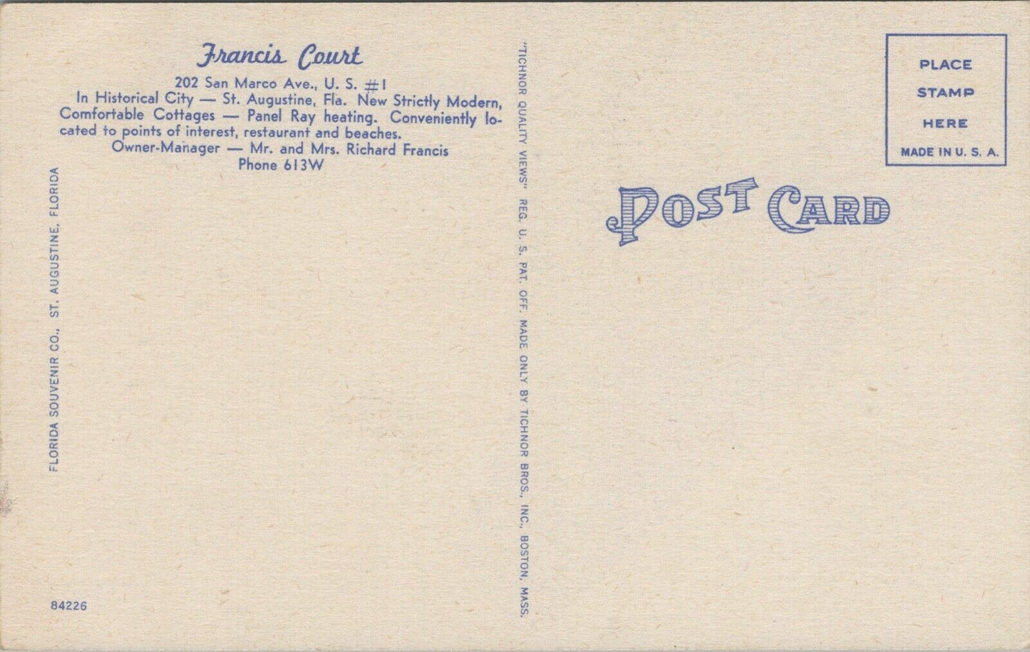 Vintage Postcard Francis Court St. Augustine, Florida (Rooms,Cabins,Hotel,Motel)