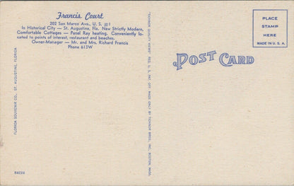 Vintage Postcard Francis Court St. Augustine, Florida (Rooms,Cabins,Hotel,Motel)