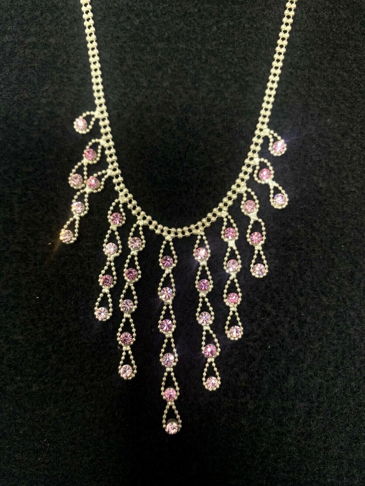 Silver Tone Chain with Pink Diamonds Princess Necklace