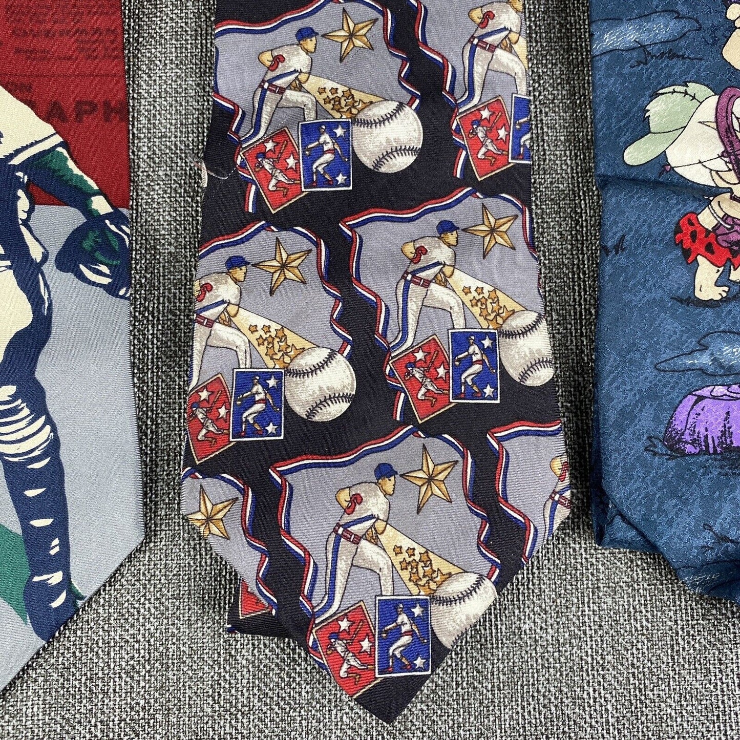 Lot of 3 Vintage Novelty Baseball Ties Flinstones, Catcher