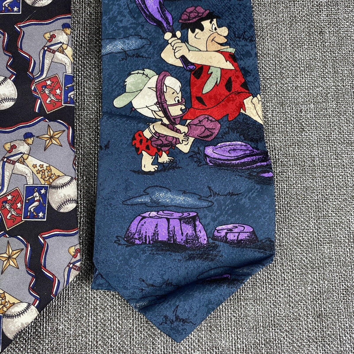 Lot of 3 Vintage Novelty Baseball Ties Flinstones, Catcher