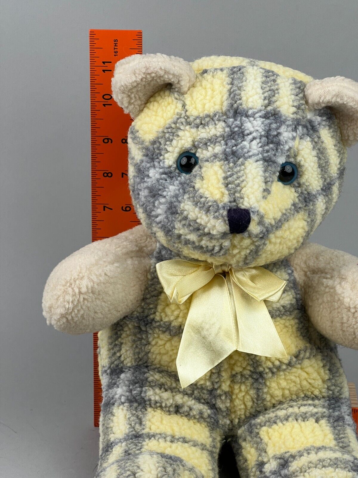 Sugar Loaf Creations Yellow & Grey Plaid Teddy Bear Stuffed Animal 11in