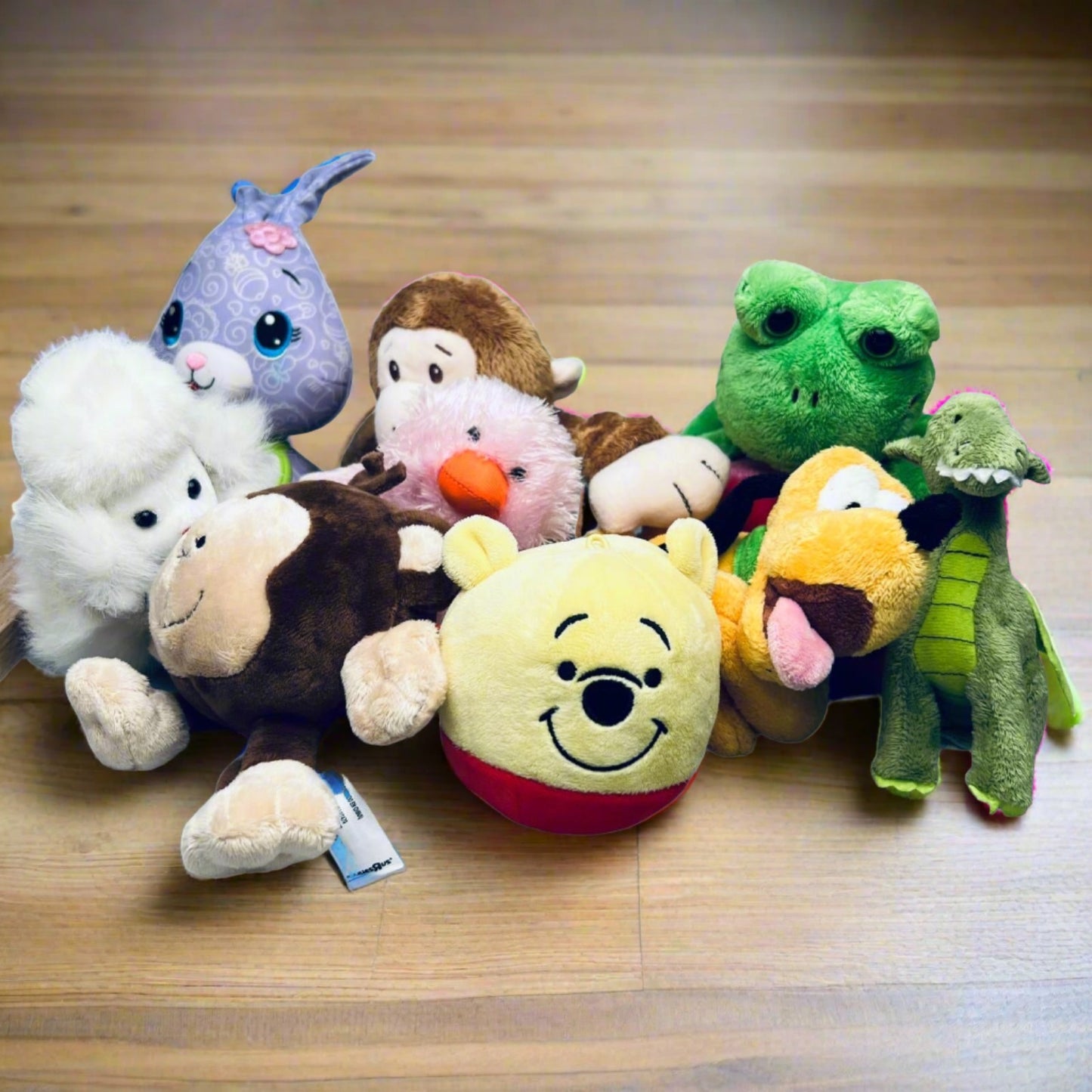 Set of 9 Stuffed Animals Bunny, Monkey, Winnie the Pooh, Pluto, Frog, Dinosaur..