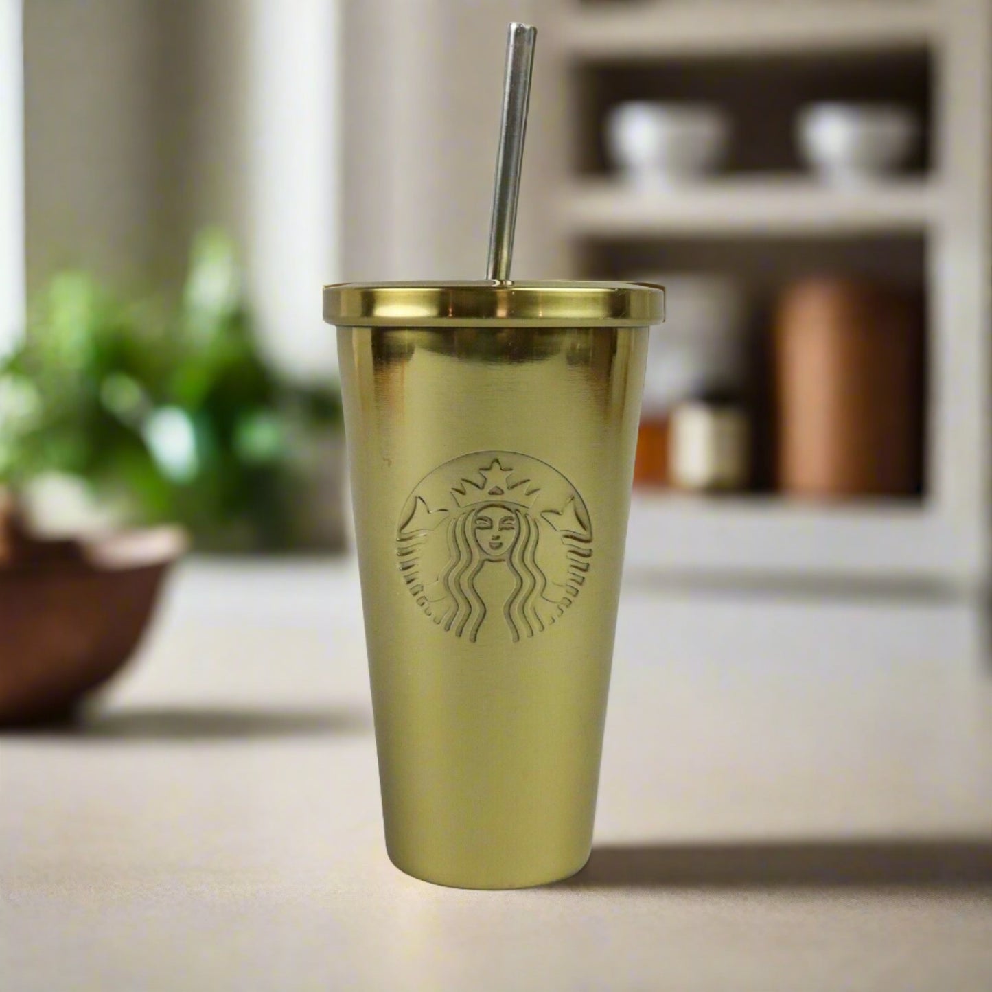 Starbucks Gold Colored Tumbler w/ Stainless Steel Straw, 7" tall