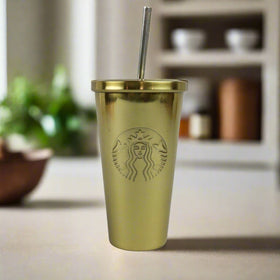 Starbucks Gold Colored Tumbler w/ Stainless Steel Straw, 7" tall