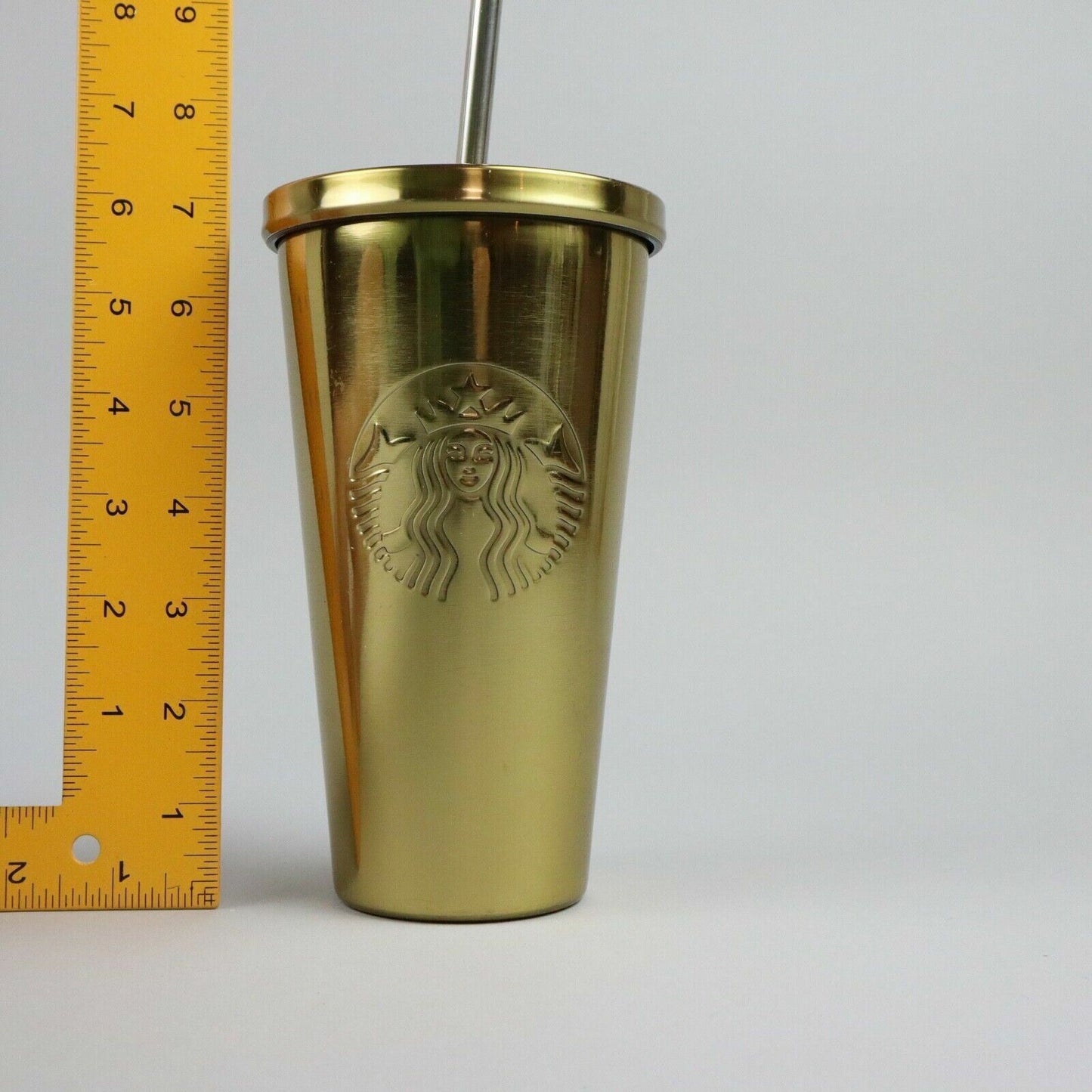 Starbucks Gold Colored Tumbler w/ Stainless Steel Straw, 7" tall