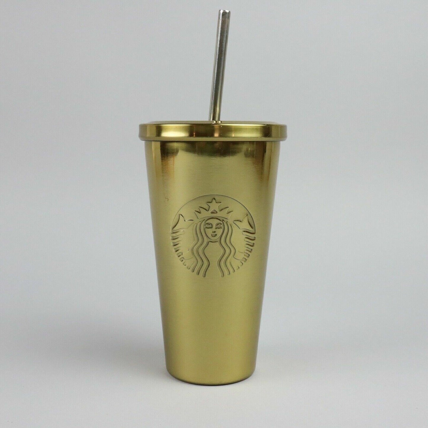 Starbucks Gold Colored Tumbler w/ Stainless Steel Straw, 7" tall