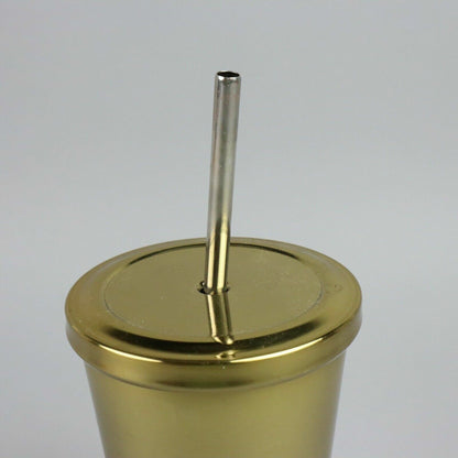 Starbucks Gold Colored Tumbler w/ Stainless Steel Straw, 7" tall