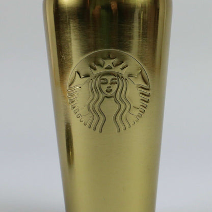 Starbucks Gold Colored Tumbler w/ Stainless Steel Straw, 7" tall