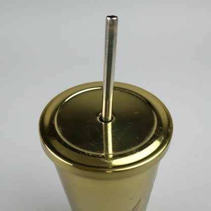 Starbucks Gold Colored Tumbler w/ Stainless Steel Straw, 7" tall