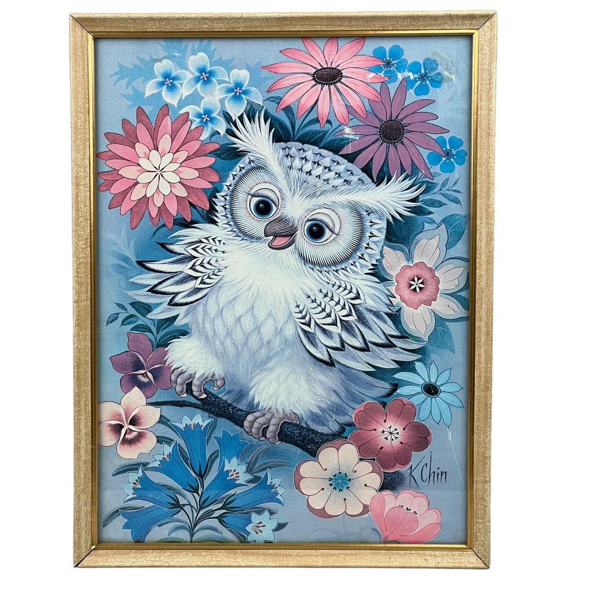 K Chin Blue Cute Owl Framed Lithograph Print 9" x 12"