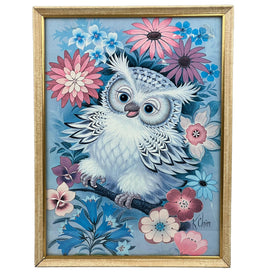 K Chin Blue Cute Owl Framed Lithograph Print 9" x 12"