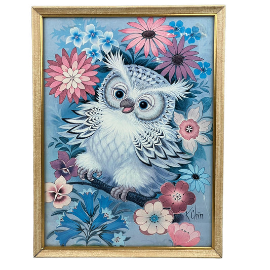 K Chin Blue Cute Owl Framed Lithograph Print 9" x 12"