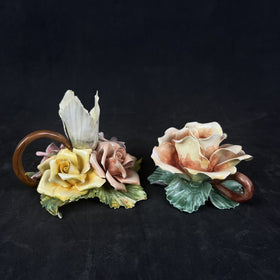 Vintage Capodimonte Style Porcelain Rose CANDLESTICK HOLDERS