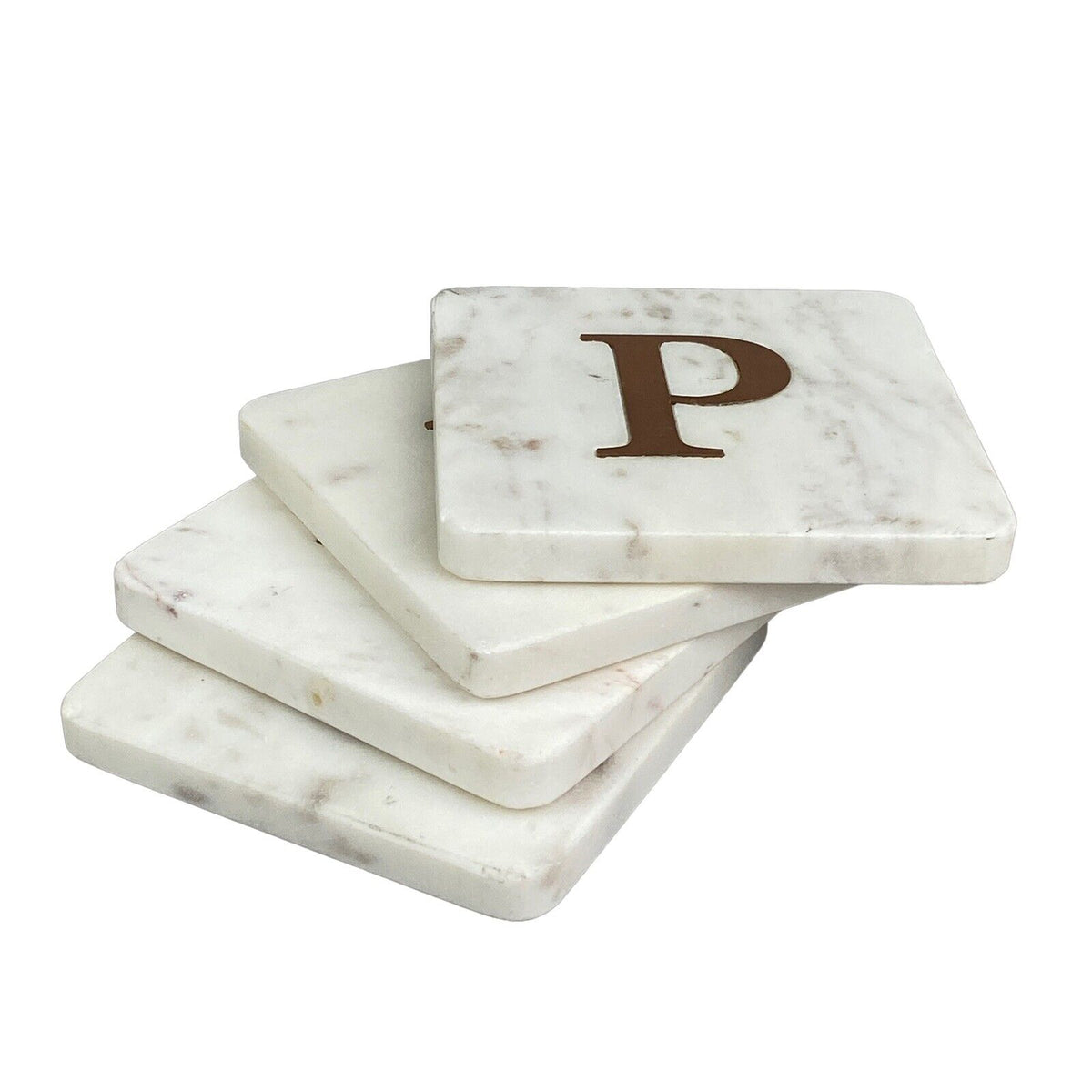 4-Piece white Marble Coasters with letter P , 4" square