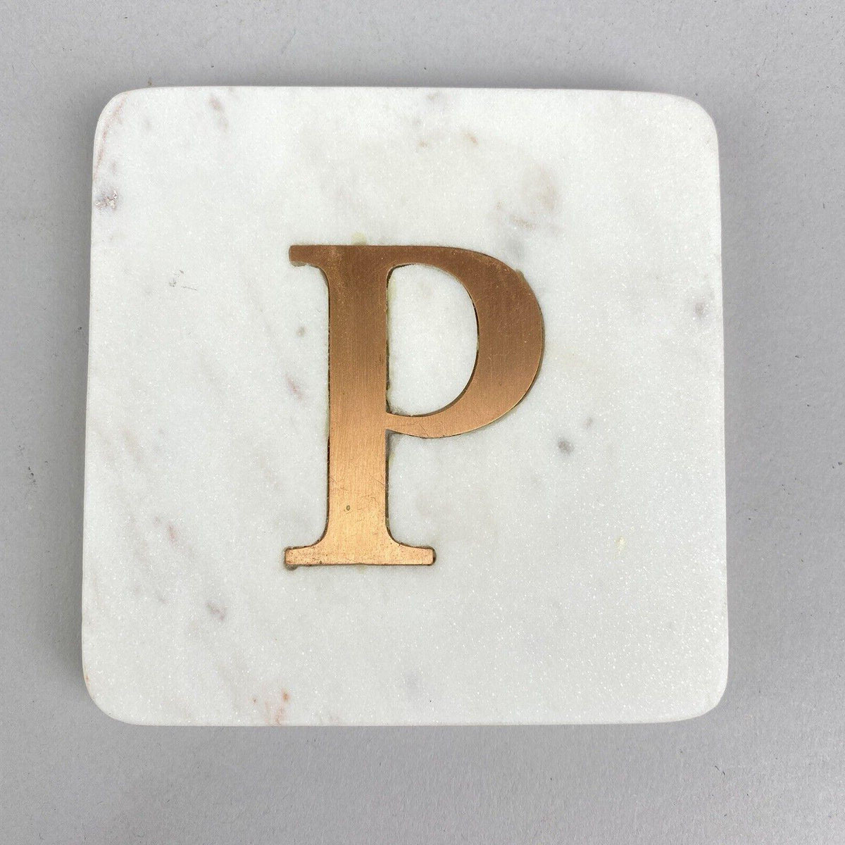 4-Piece white Marble Coasters with letter P , 4" square