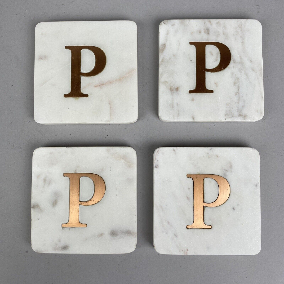 4-Piece white Marble Coasters with letter P , 4" square