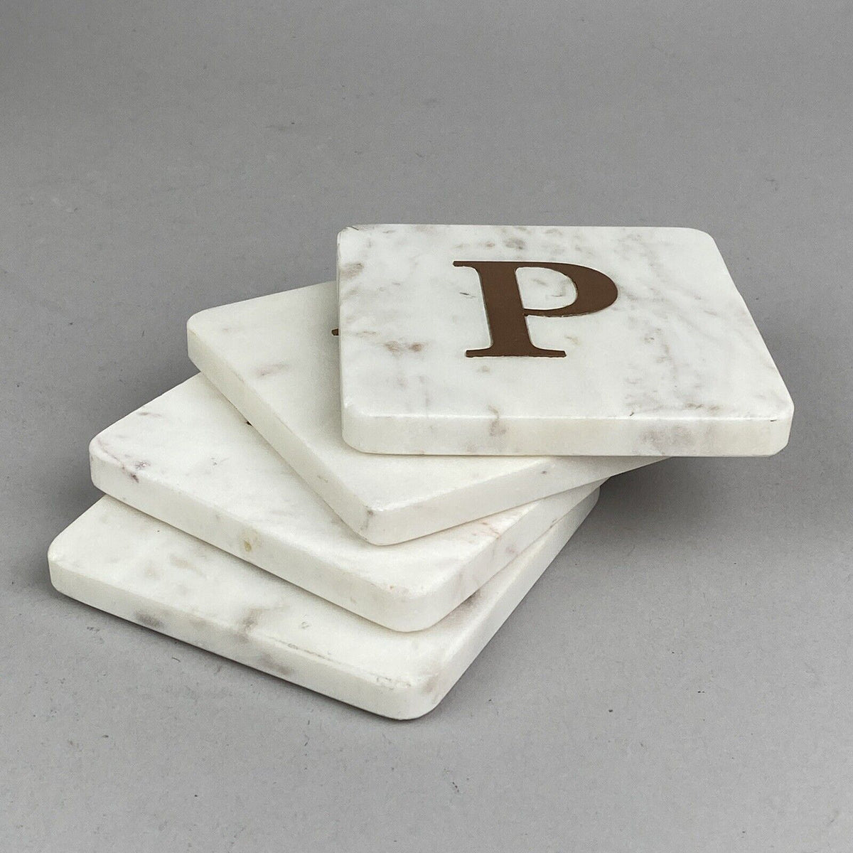 4-Piece white Marble Coasters with letter P , 4" square