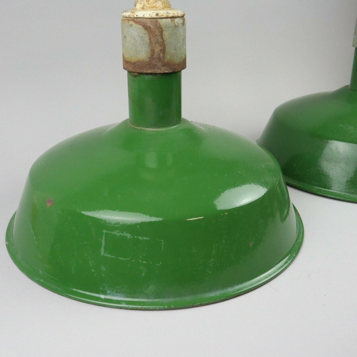 Industrial Light fixture 16.5" in diameter, Porcelain /Metal Green, set of 2