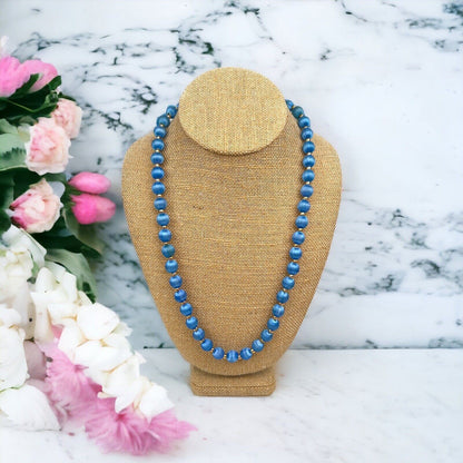 Vintage Blue Thread Wrapped Bead Necklace Gold Tone Accent Beads 31"