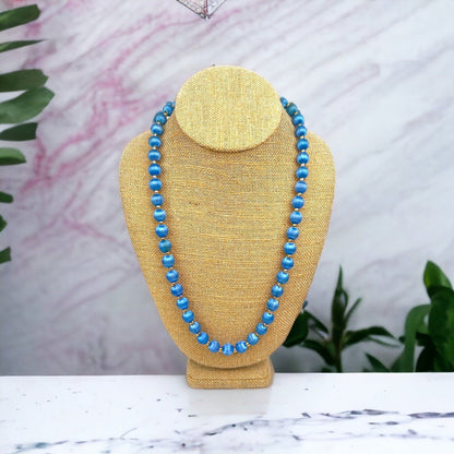 Vintage Blue Thread Wrapped Bead Necklace Gold Tone Accent Beads 31"