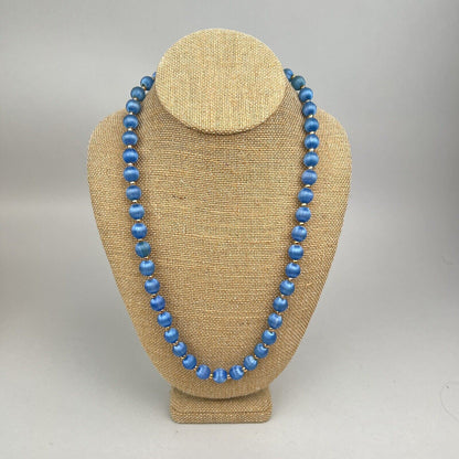 Vintage Blue Thread Wrapped Bead Necklace Gold Tone Accent Beads 31"