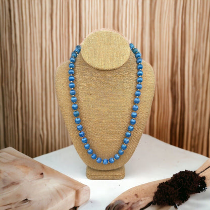 Vintage Blue Thread Wrapped Bead Necklace Gold Tone Accent Beads 31"