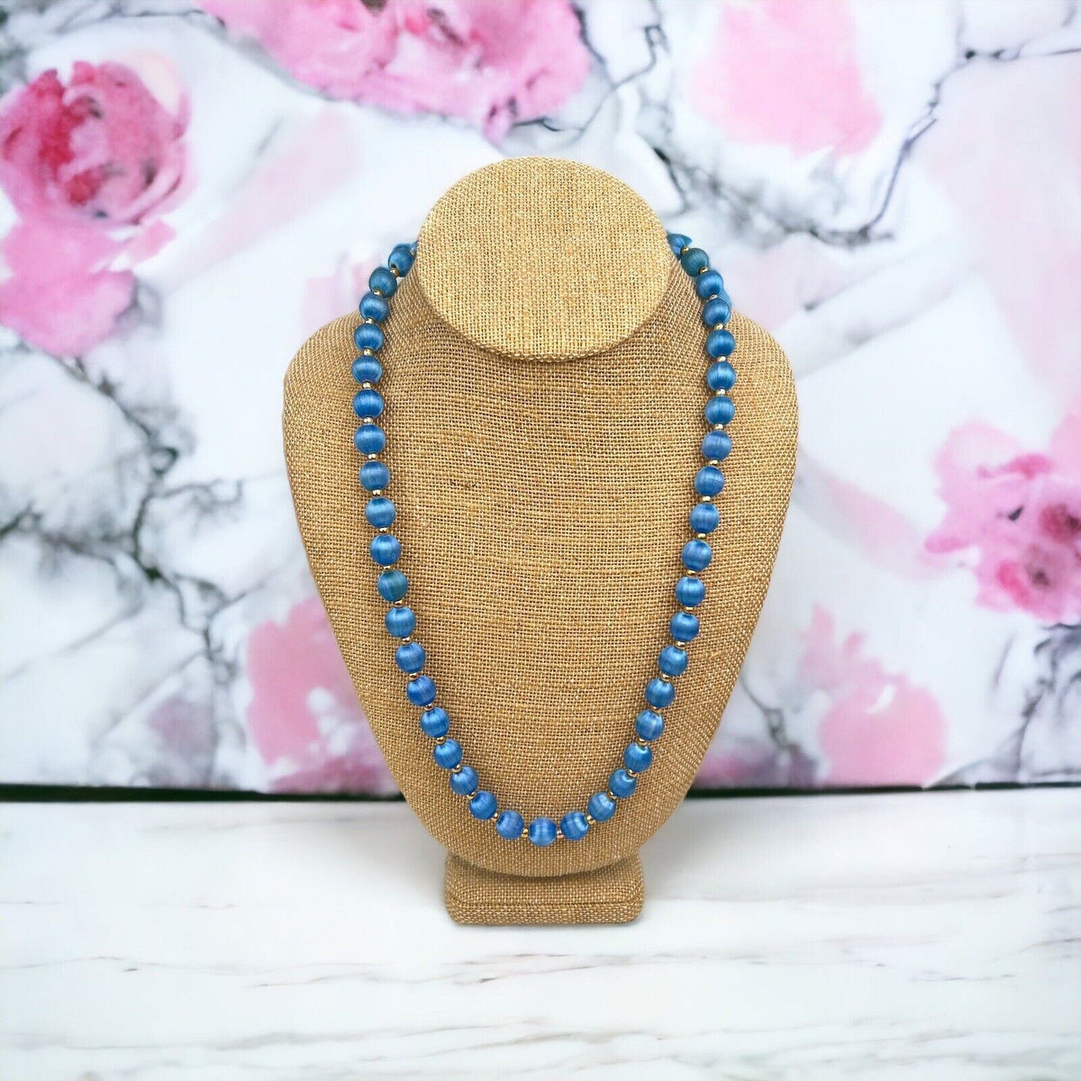 Vintage Blue Thread Wrapped Bead Necklace Gold Tone Accent Beads 31"