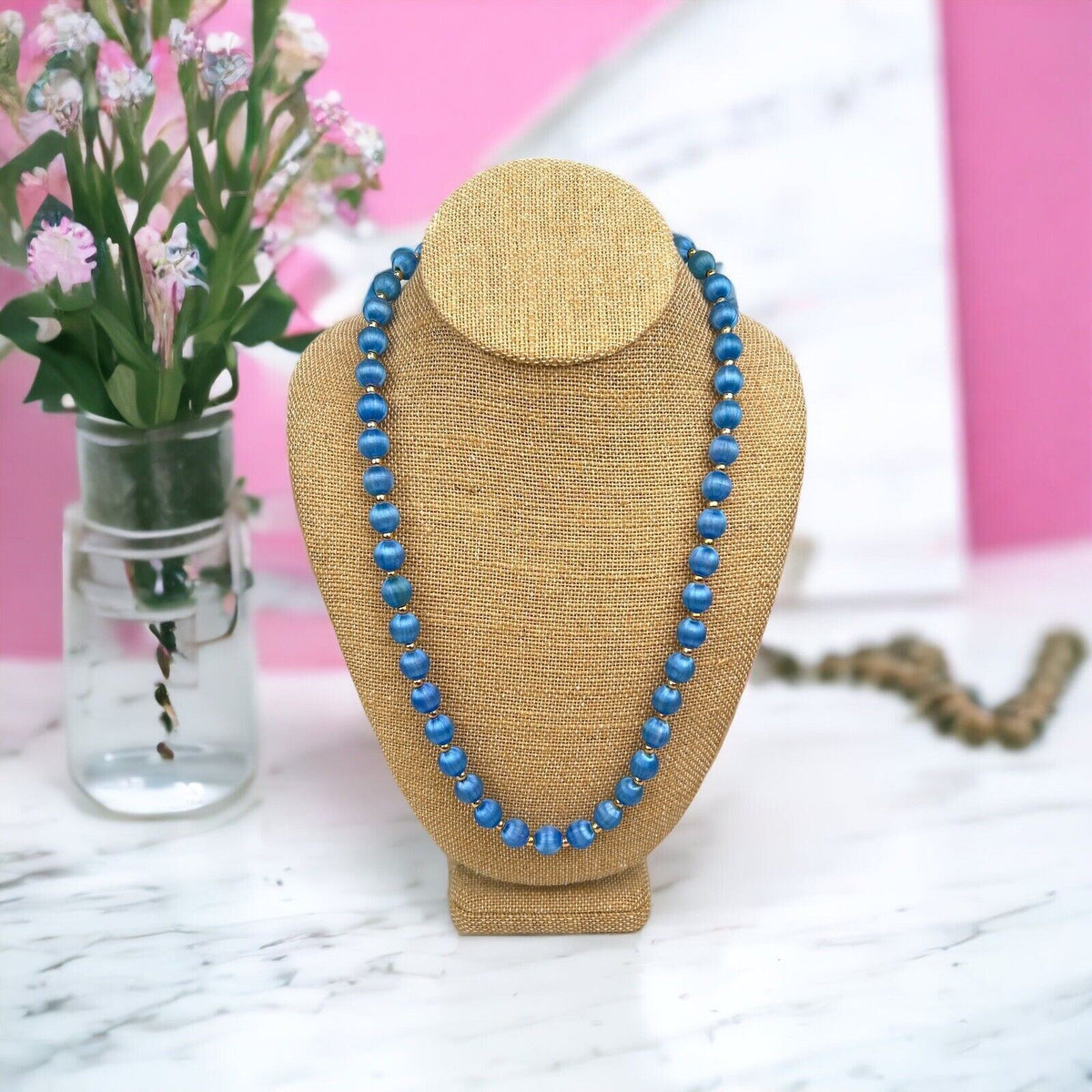 Vintage Blue Thread Wrapped Bead Necklace Gold Tone Accent Beads 31"